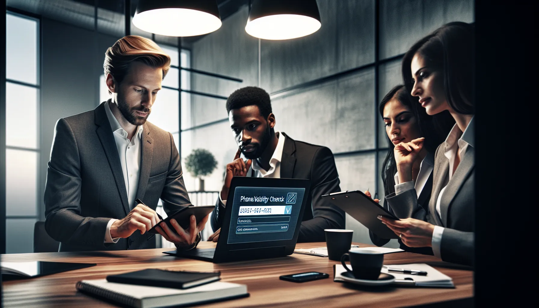 diverse team discussing phone number verification in a modern office.