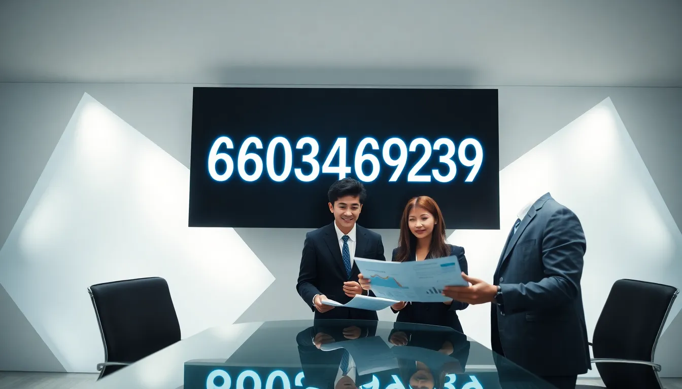 professionals analyzing the significance of the number 3603469239 in a modern office.