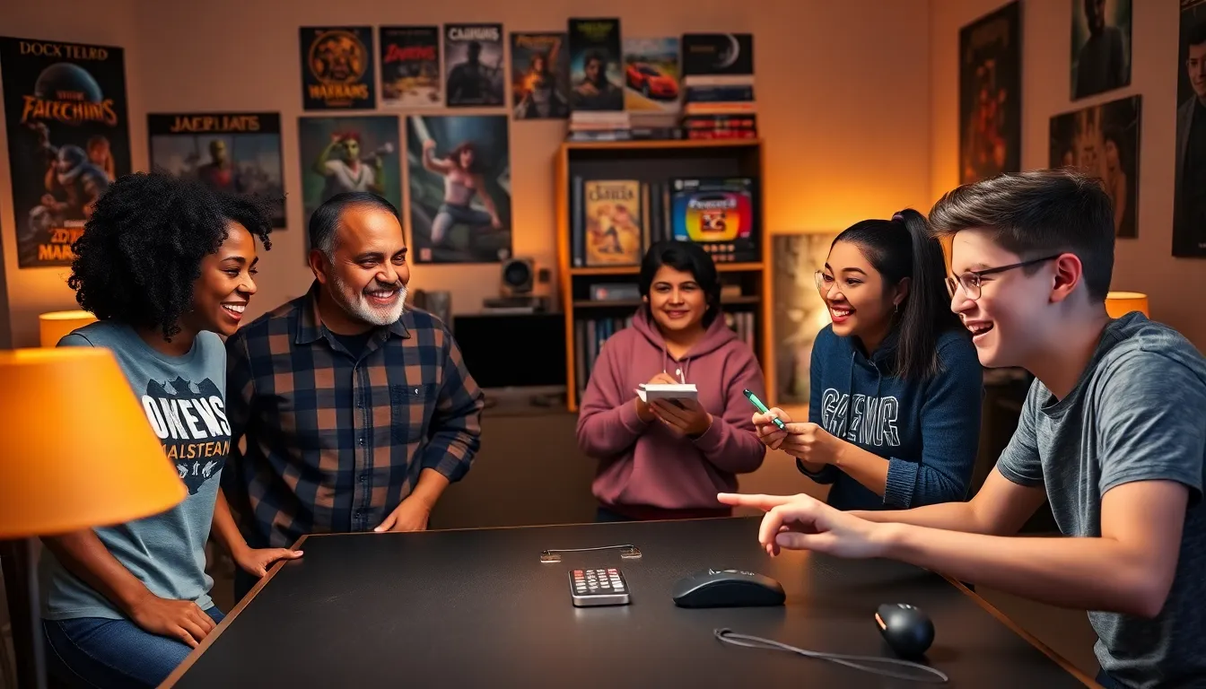 a diverse team of gamers collaborating around a table in a cozy room.