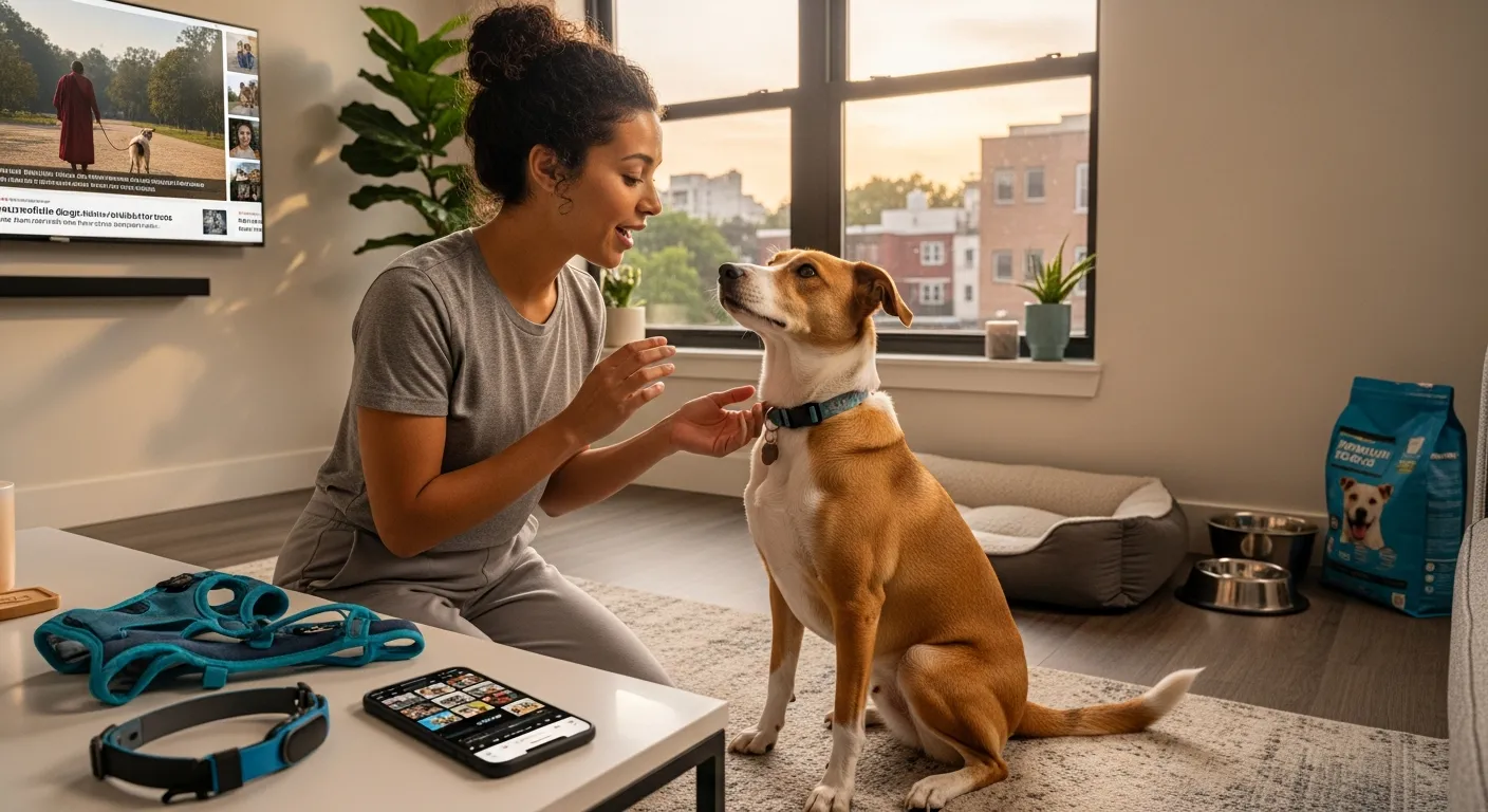 Woman warmly praising her attentive dog in a modern urban apartment, 2026 setting.