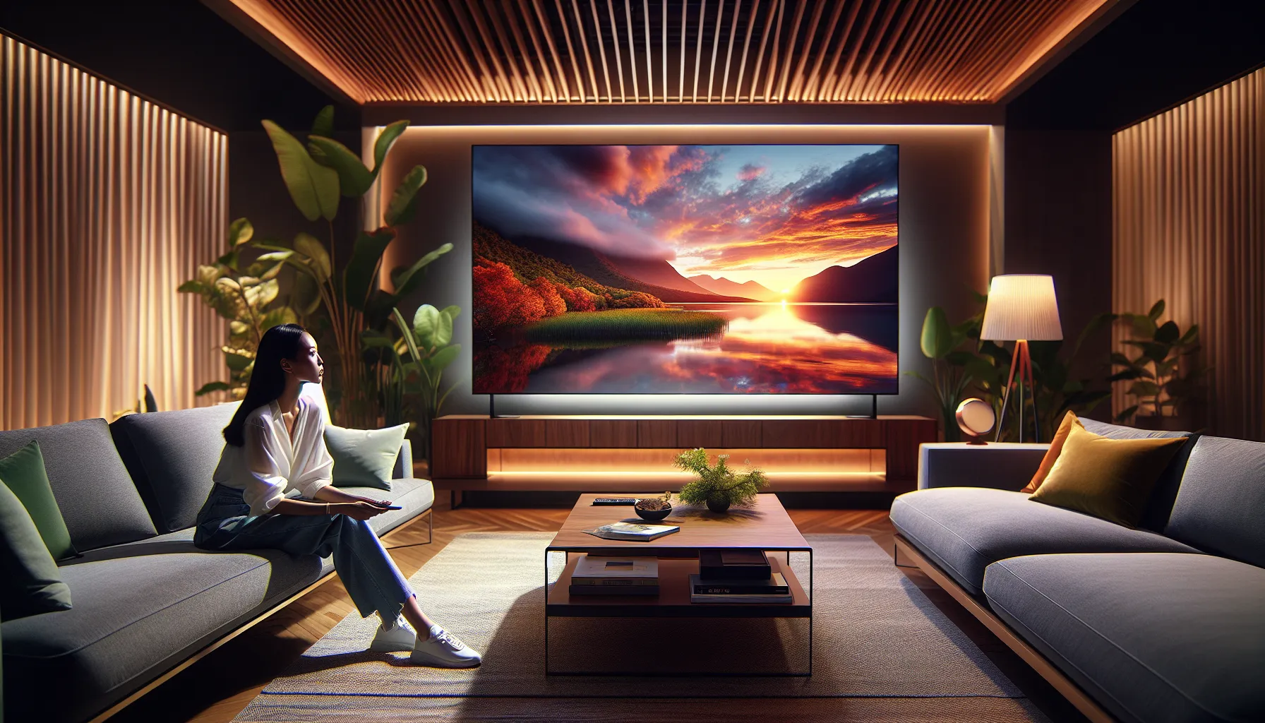 a woman enjoying a vivid OLED screen in a cozy living room.