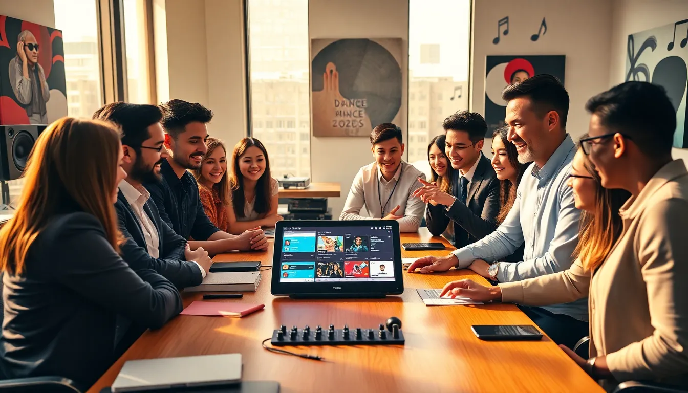 professionals discussing dance music trends in a modern office
