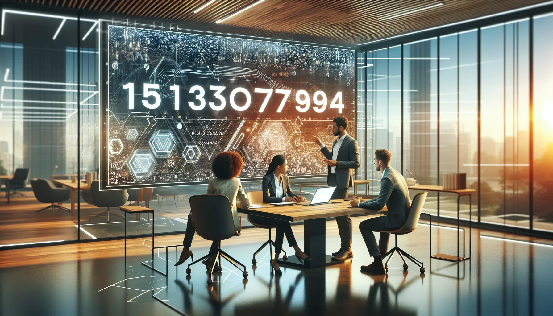 diverse team analyzing the number 5137076994 in a modern office.