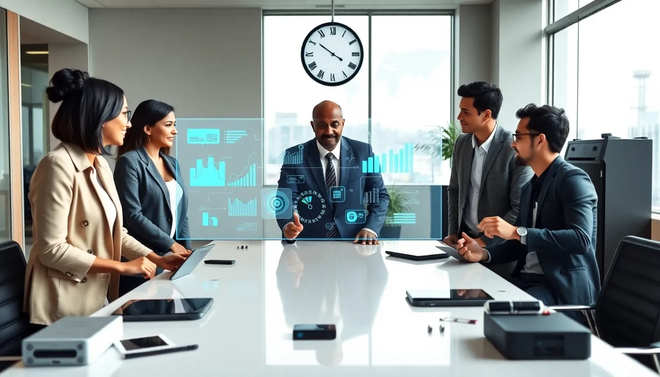 diverse professionals discussing hardware web solutions around a high-tech conference table