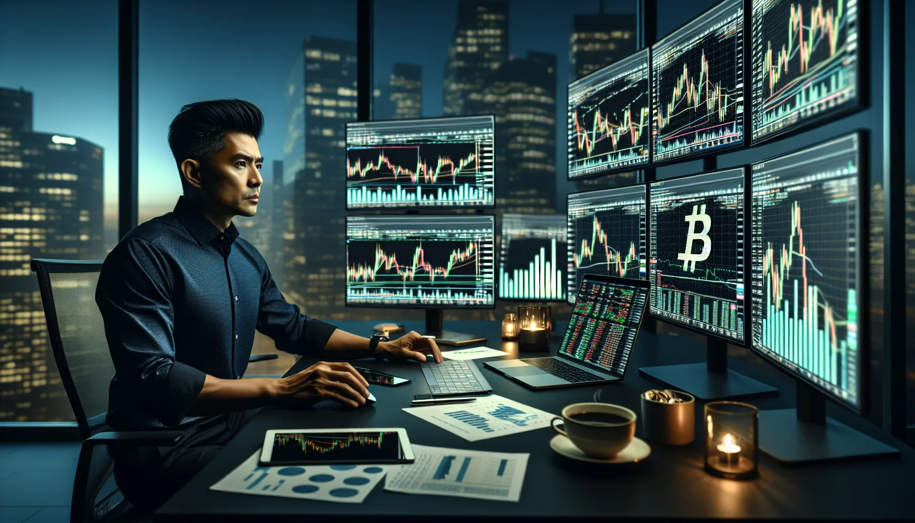Trader analyzing Bitcoin price charts on multiple monitors at a professional trading desk.