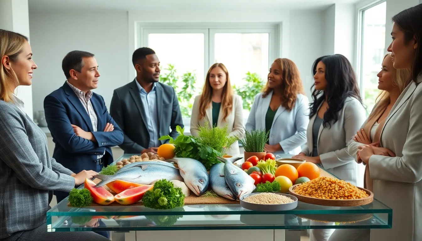 diverse professionals discussing sustainable seafood in a modern kitchen.