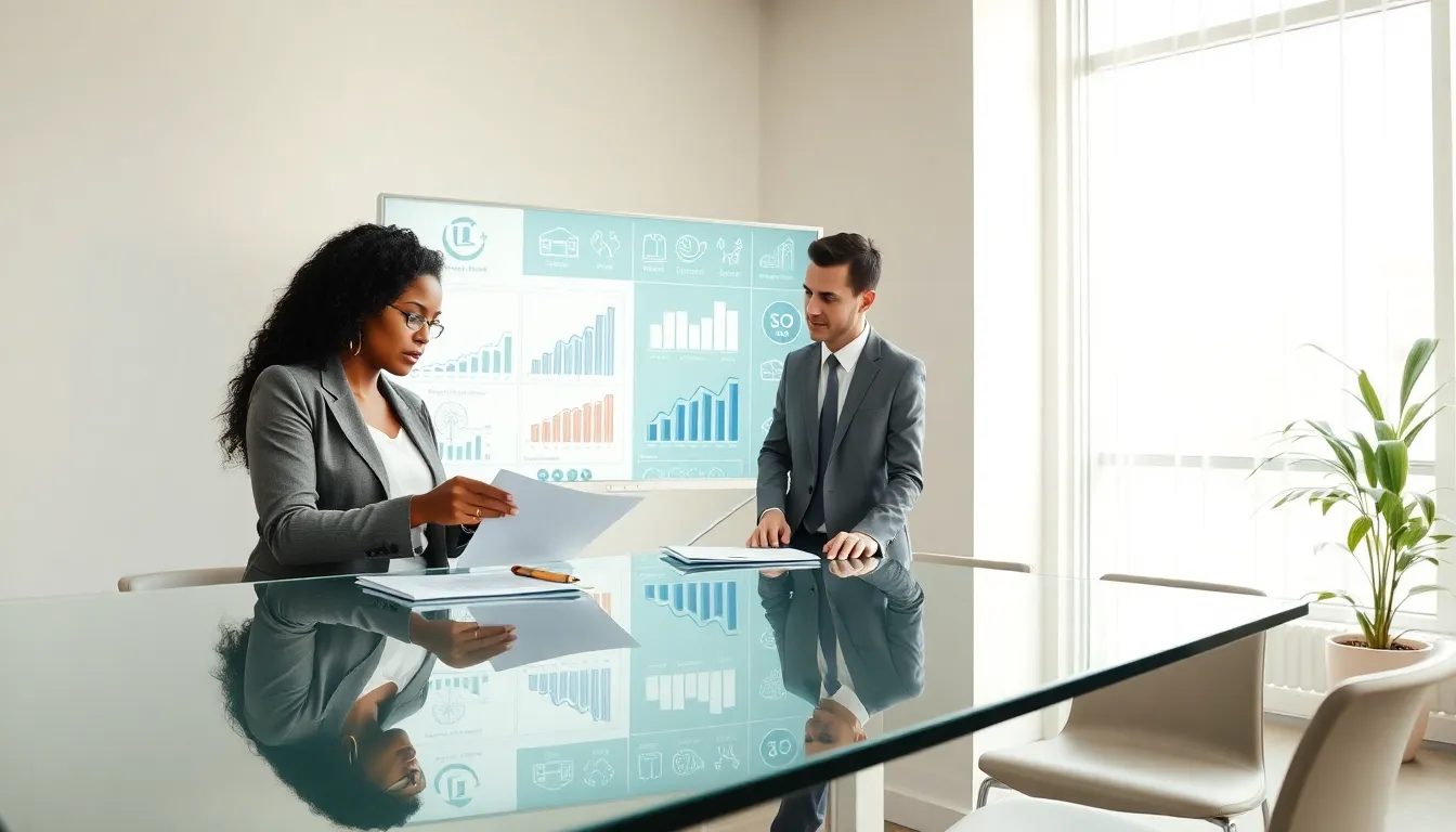 diverse professionals discussing property taxes in a modern office.