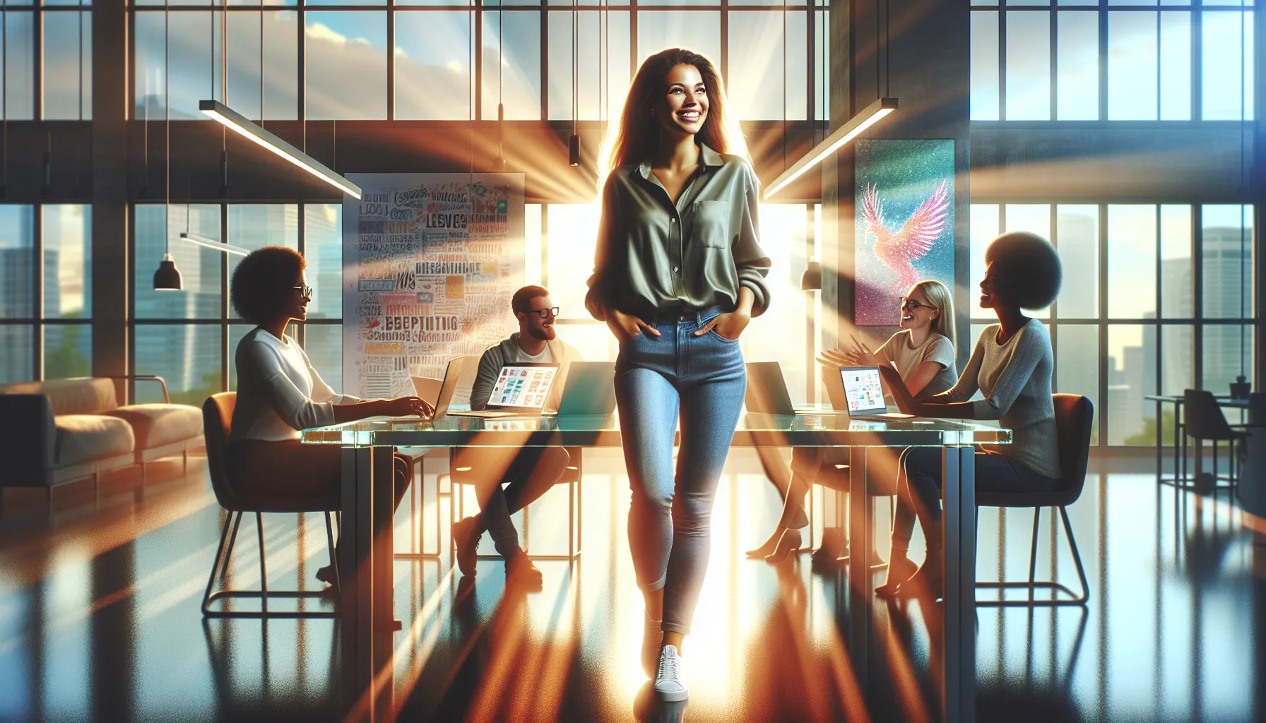 Alinahaider33 engaging with a diverse team in a bright modern workspace.