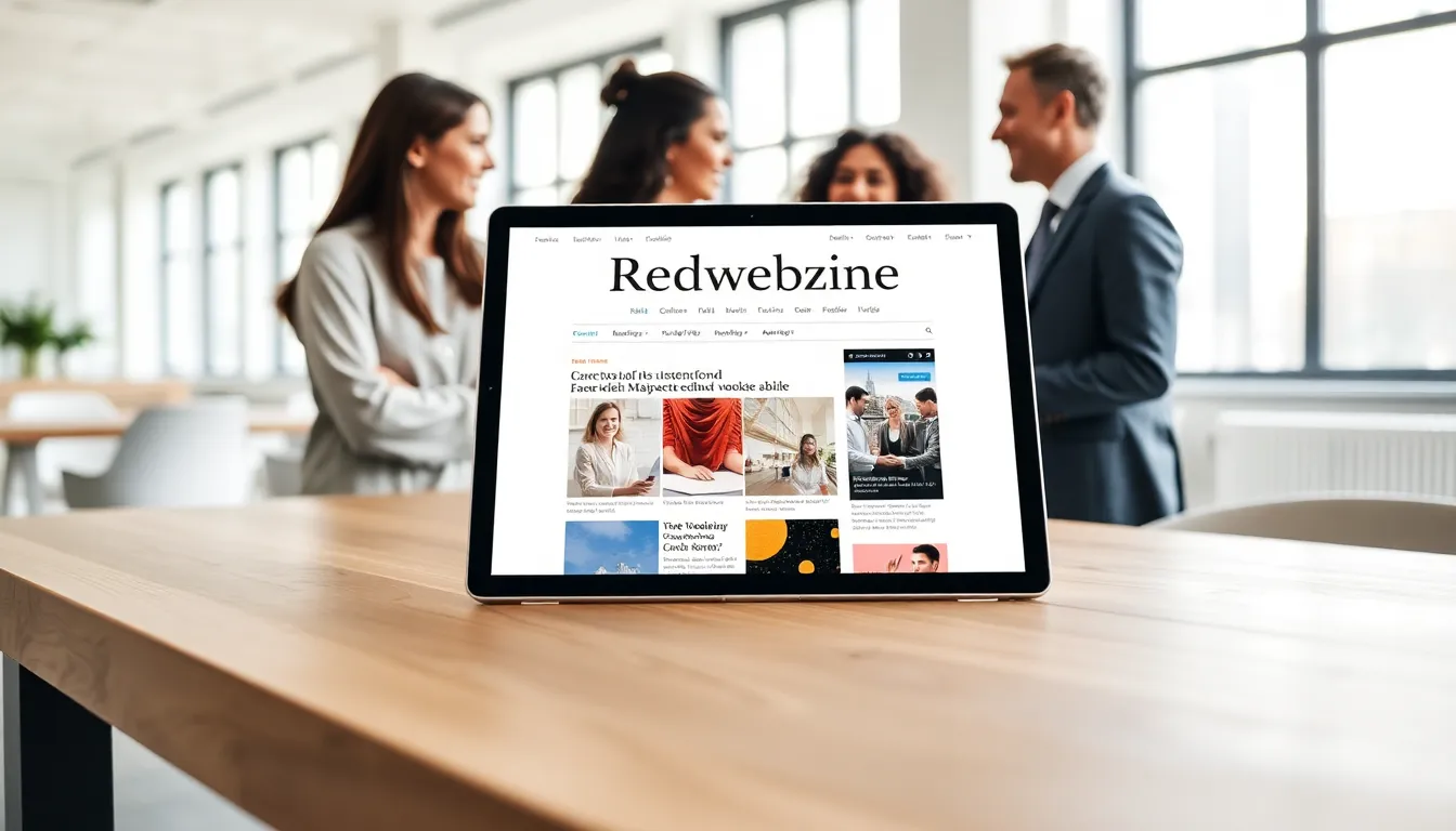 Modern magazine displayed on a tablet in a stylish office setting.