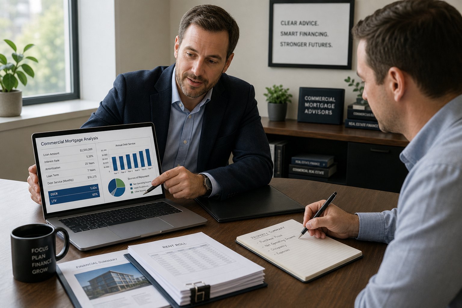 Commercial Mortgage Broker Lytham 14 Adviser showing financial figures on a laptop to a client during a commercial mortgage meeting.