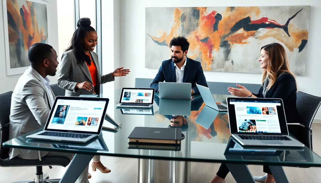 diverse team collaborating in a modern workspace.