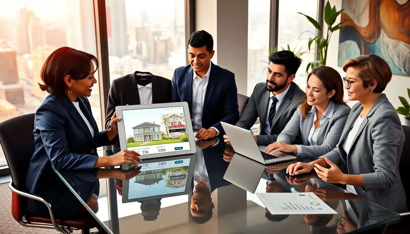 a diverse real estate team collaborating in a modern office space.