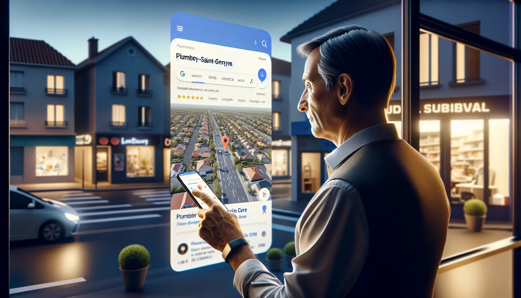 Business owner checking Google search and Maps results for Bussy-Saint-Georges on phone.