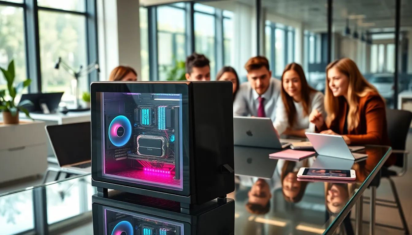group engaging with a transport gaming PC in a modern office.