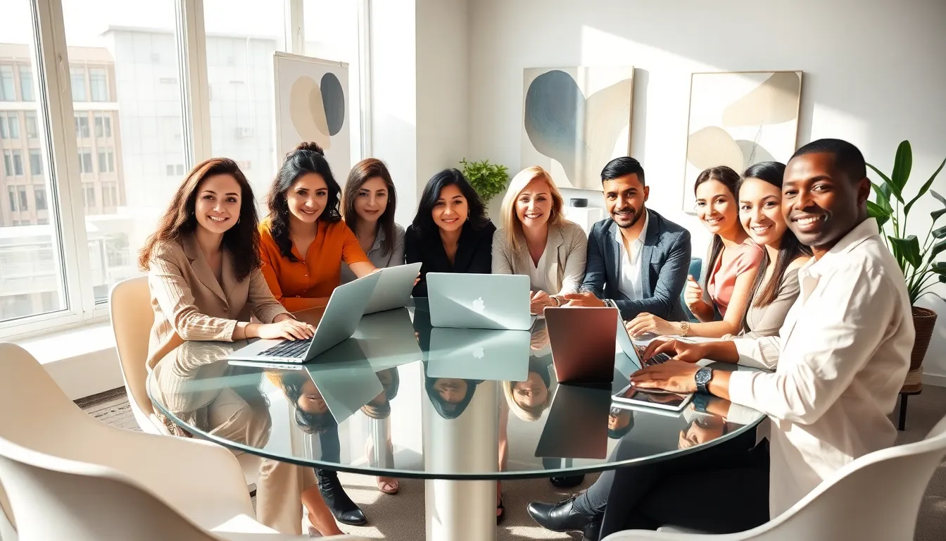 diverse professionals collaborating in a modern office setting.