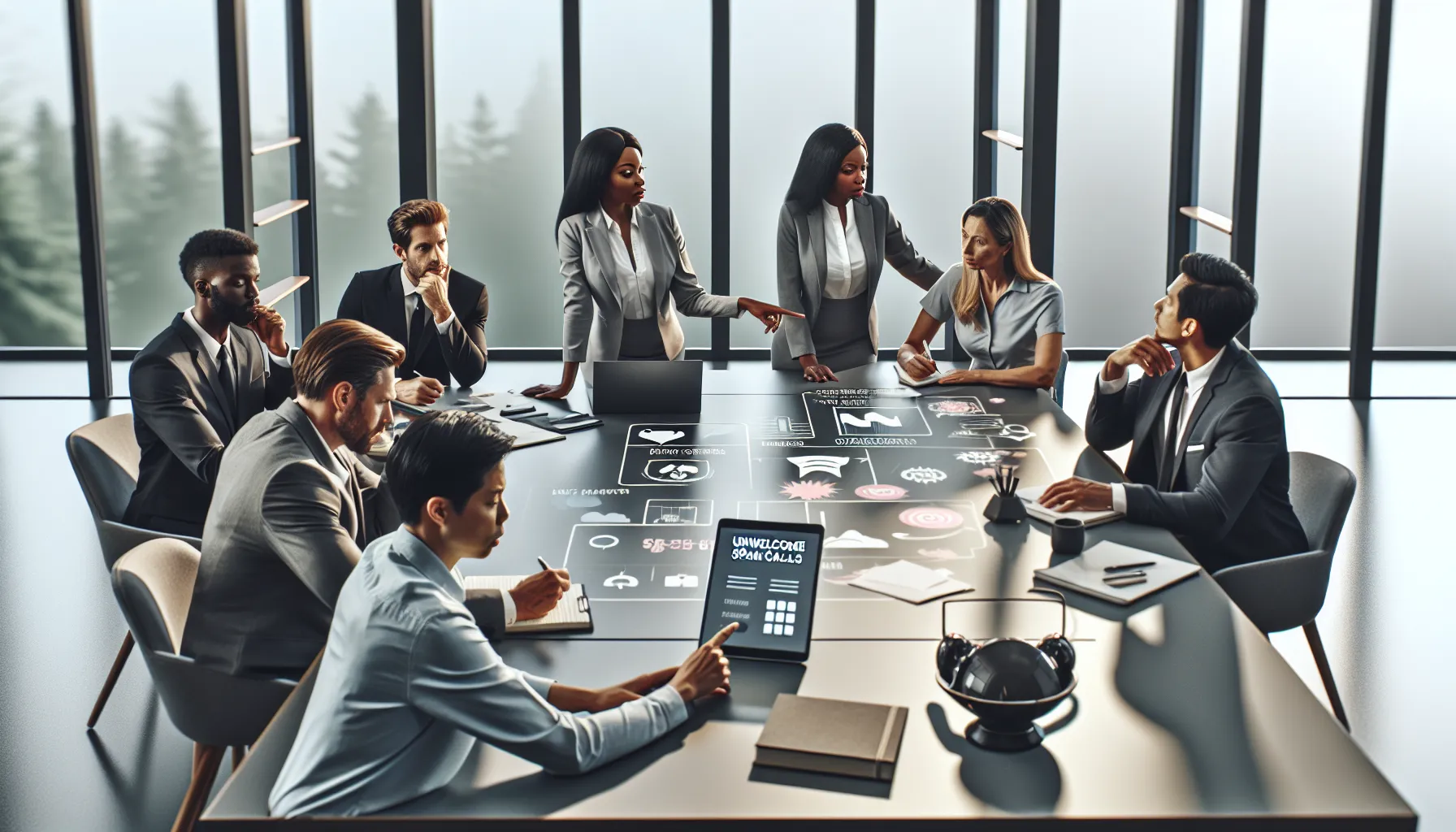 diverse team discussing phone number issues in a modern office.