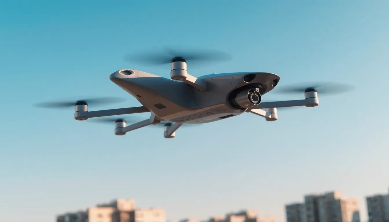 a drone inspired by a falcon flying over a cityscape.