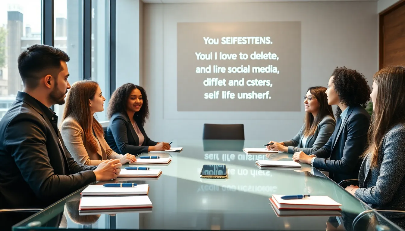 diverse team discussing benefits of deleting social media in a modern office.