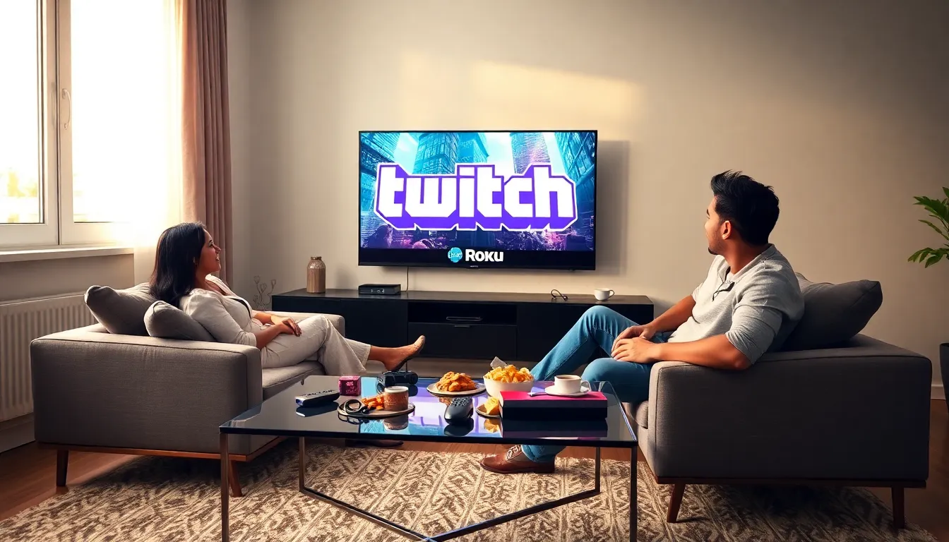 diverse group enjoying Twitch live stream on a Roku TV.