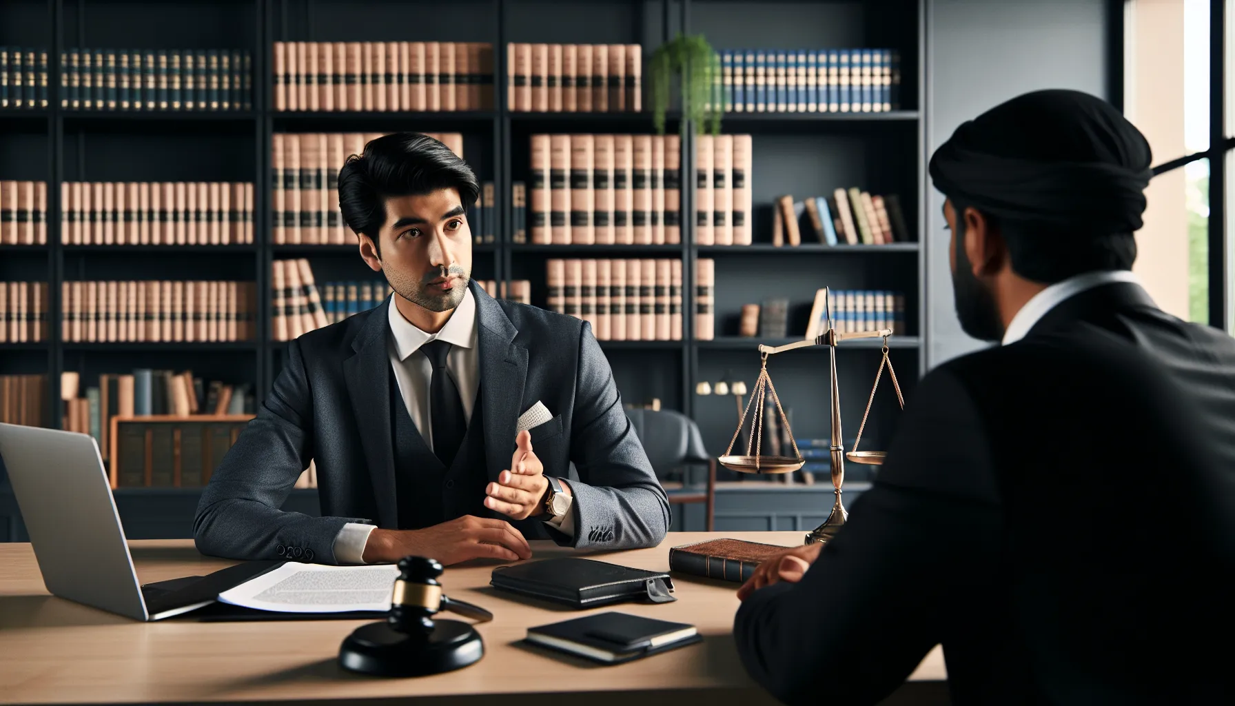 Croatian lawyer consulting with client about recording laws in modern office