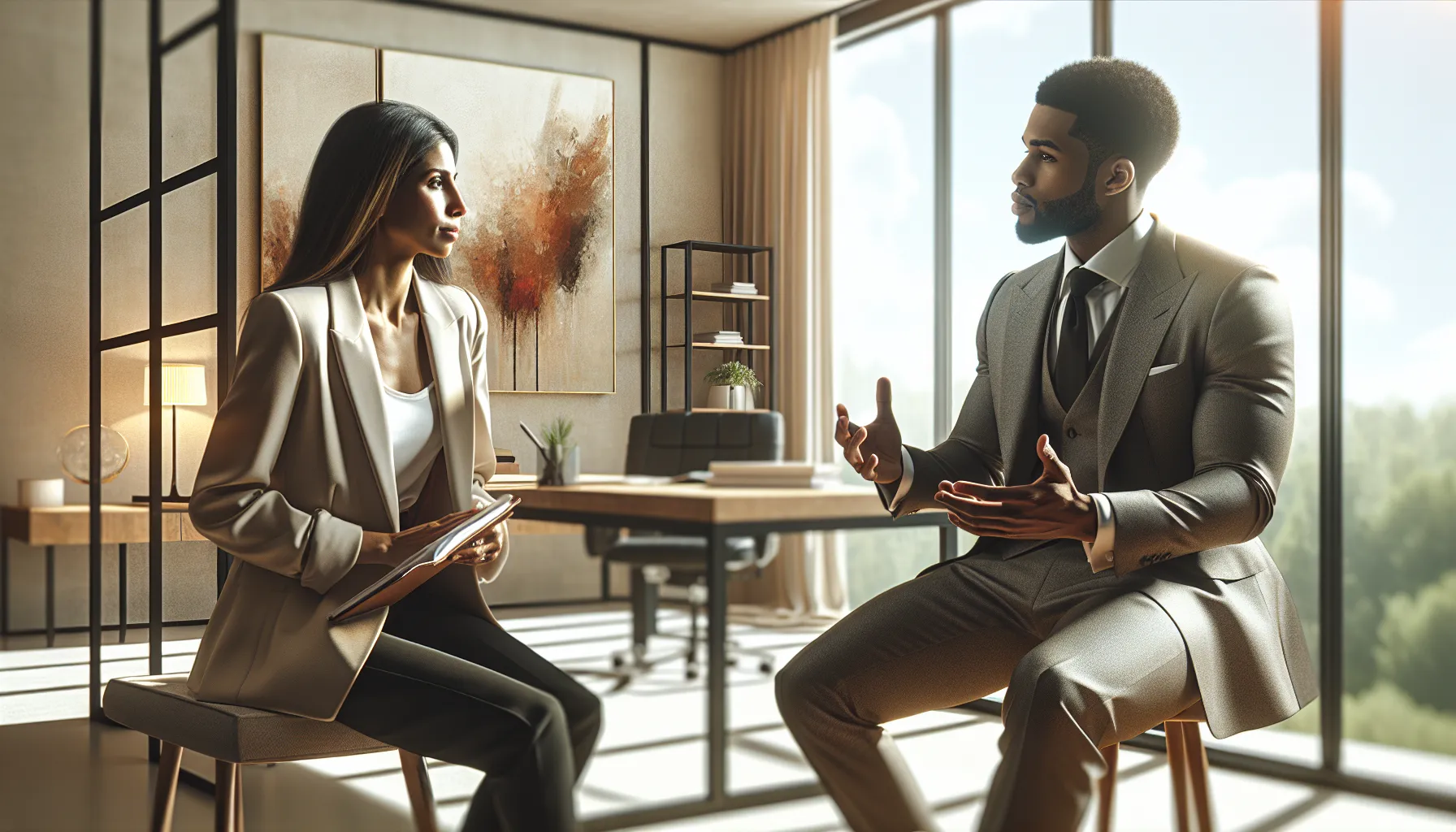 two co-parents discussing strategies in a modern office setting.