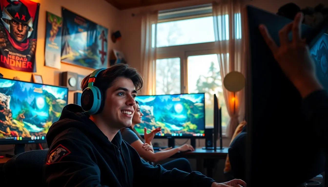 gamers playing Neverwinter in a cozy gaming room with vibrant screens.