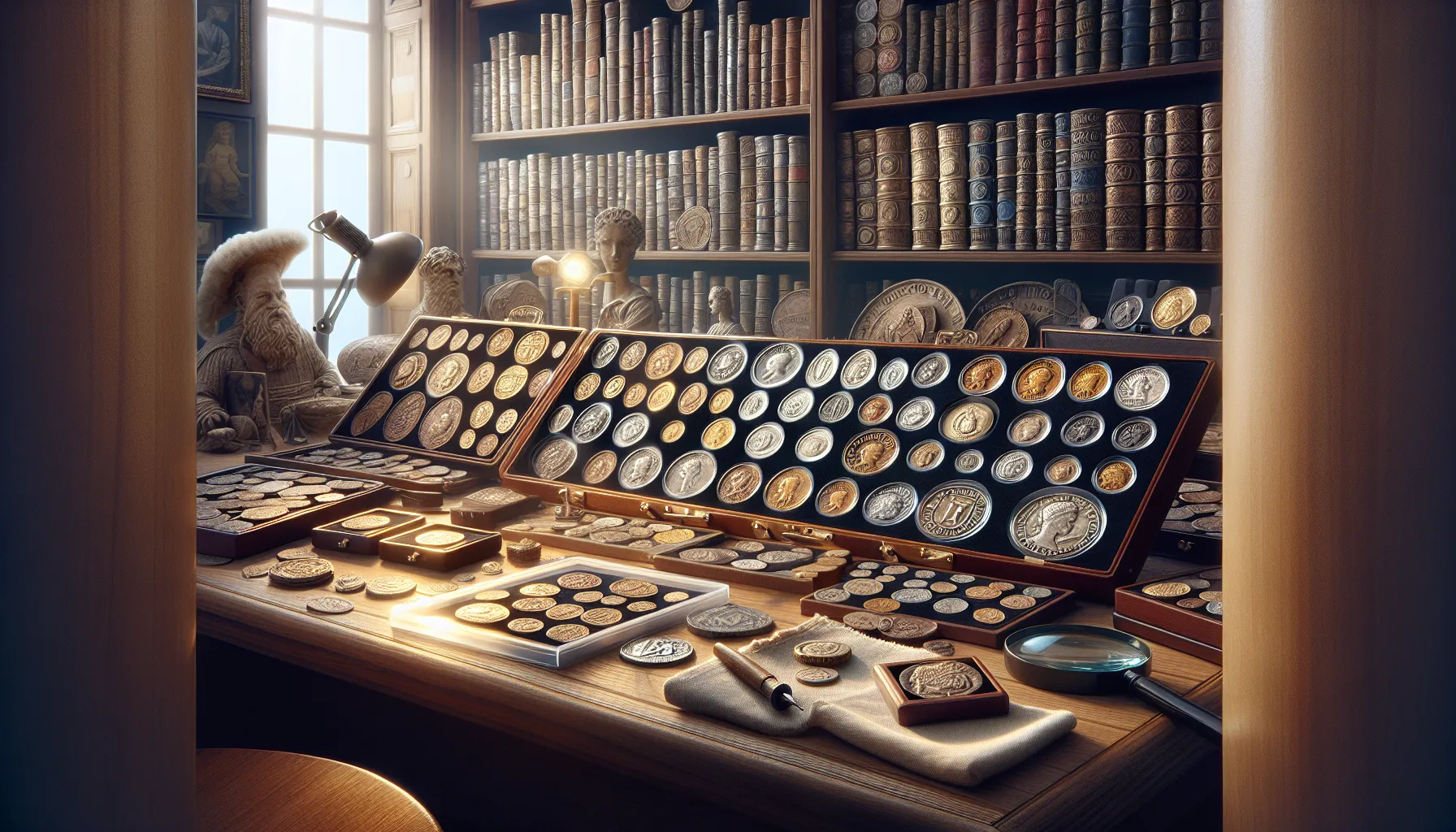 A coin collector's workspace with various historical and unique coins on display.