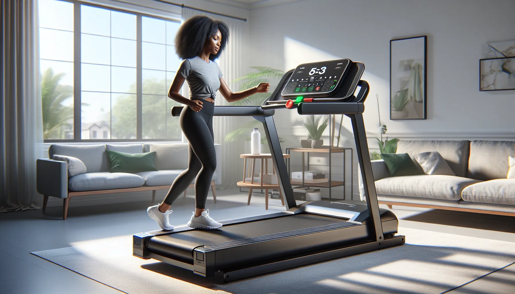 Beginner woman walking on foldable home treadmill with simple controls in sunlit room.