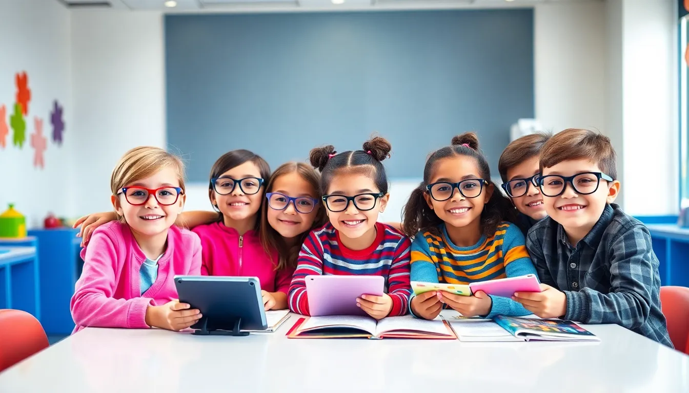 diverse children wearing fashionable glasses in a bright classroom.