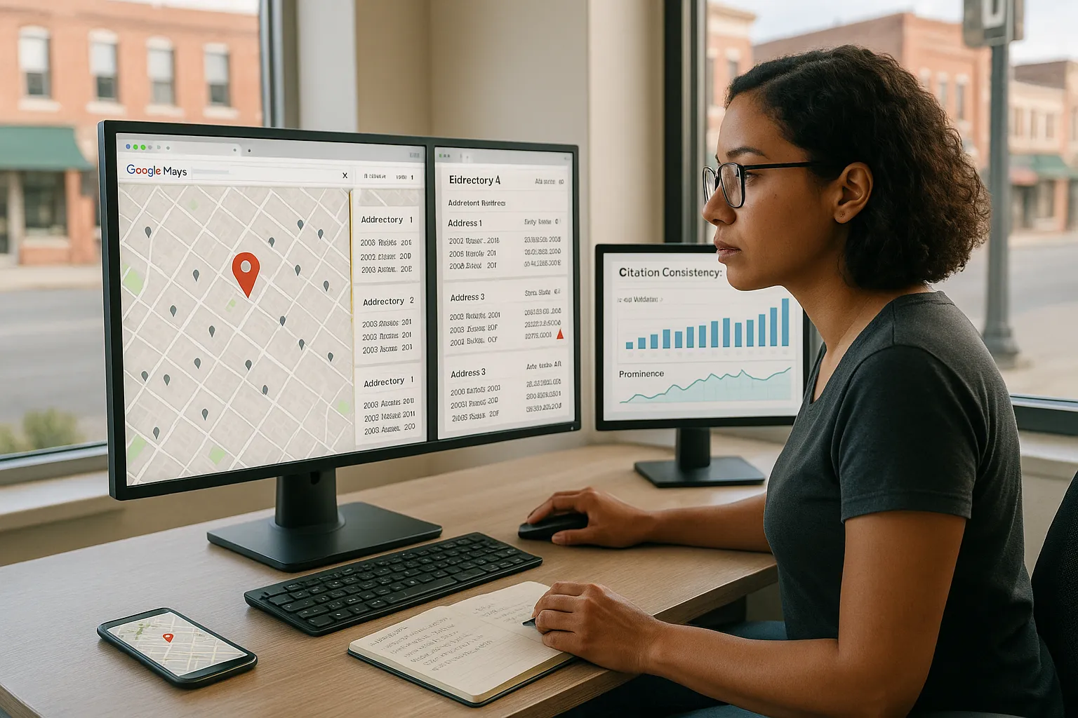 Marketer analyzing Google Maps and citation dashboards to improve local search rankings.