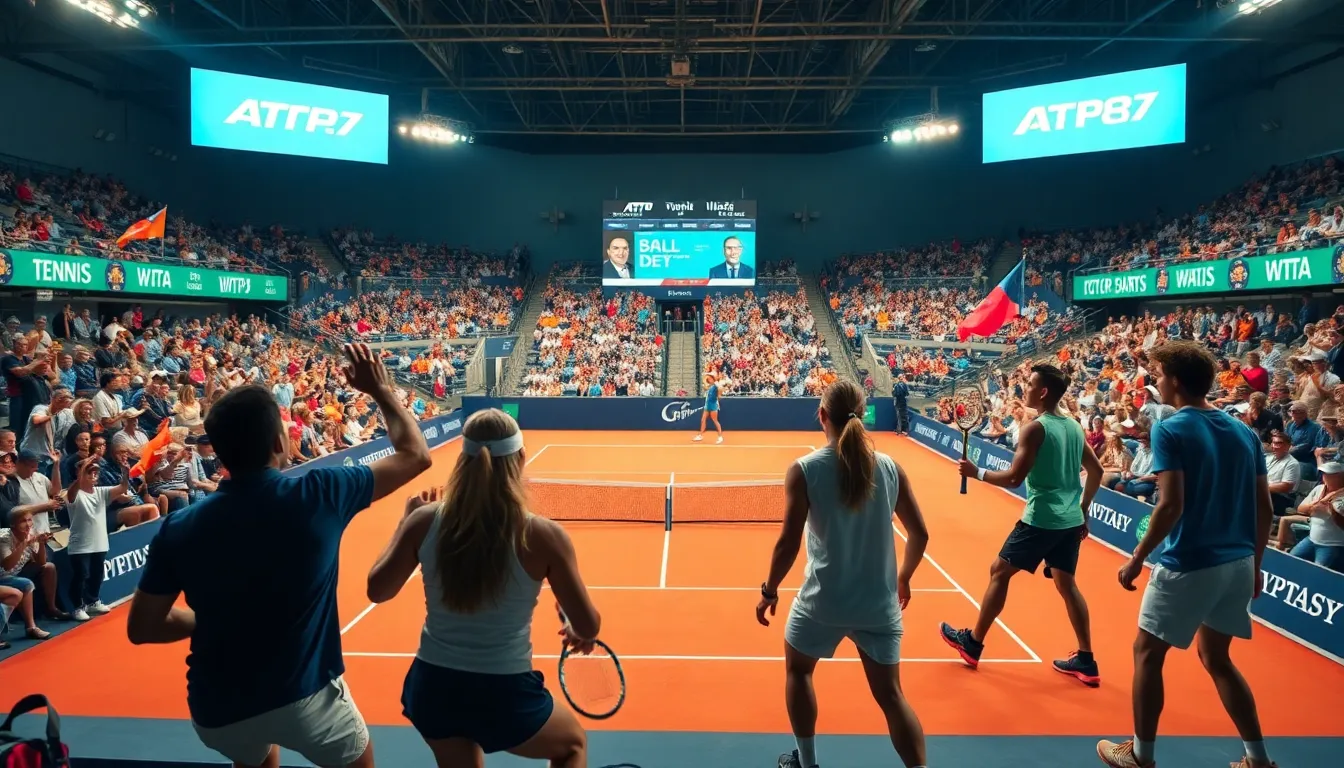 tennis players competing at a vibrant tournament surrounded by cheering fans.
