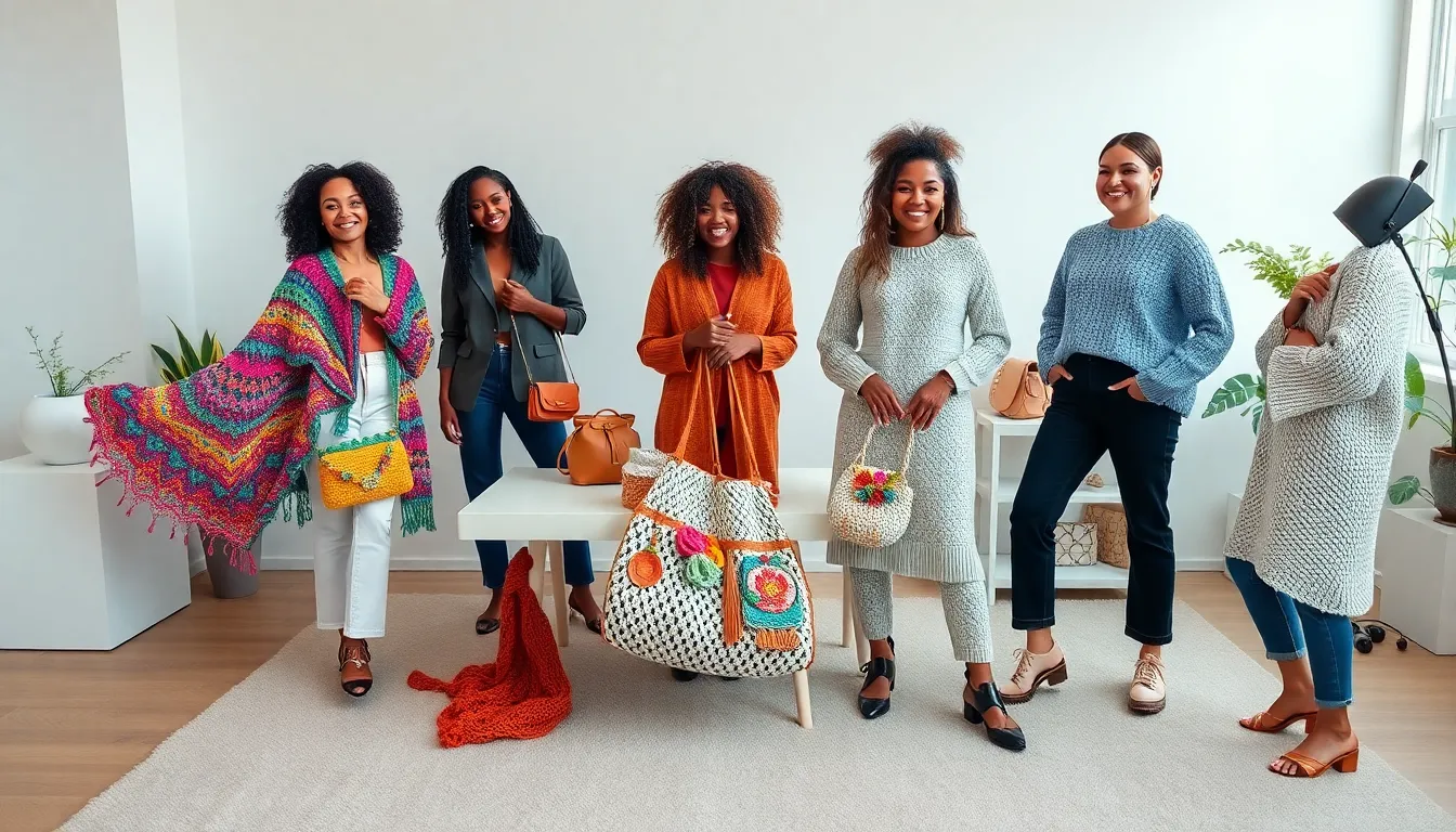 Models showcasing colorful crochet wearables in a modern studio.