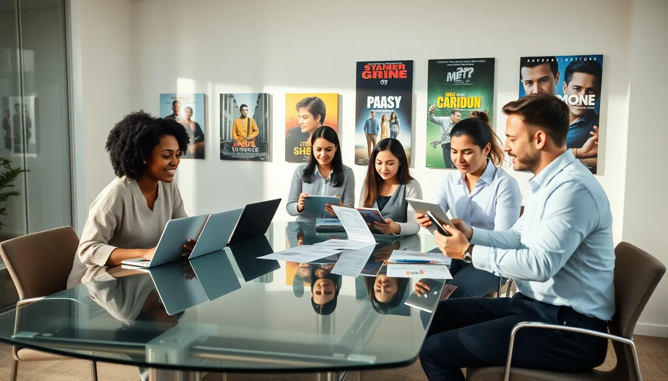 diverse team discussing film platform innovations in a modern office.