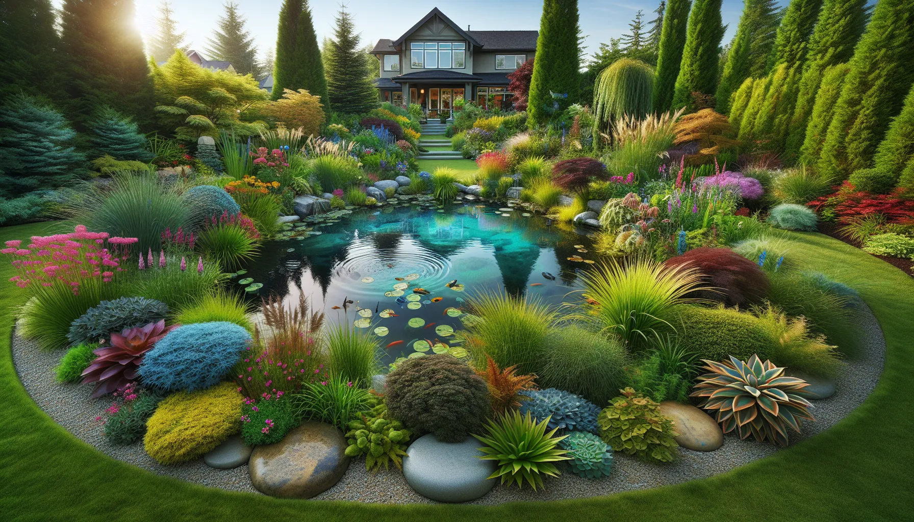 beautifully landscaped pond in a sunny backyard.