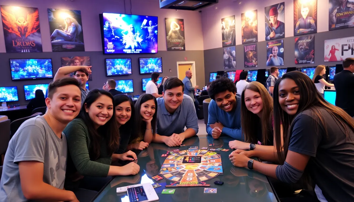 diverse gamers enjoying tabletop games in a modern gaming lounge.