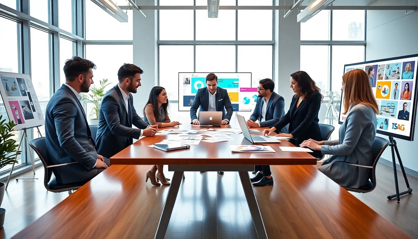 diverse team collaborating in a modern design studio.