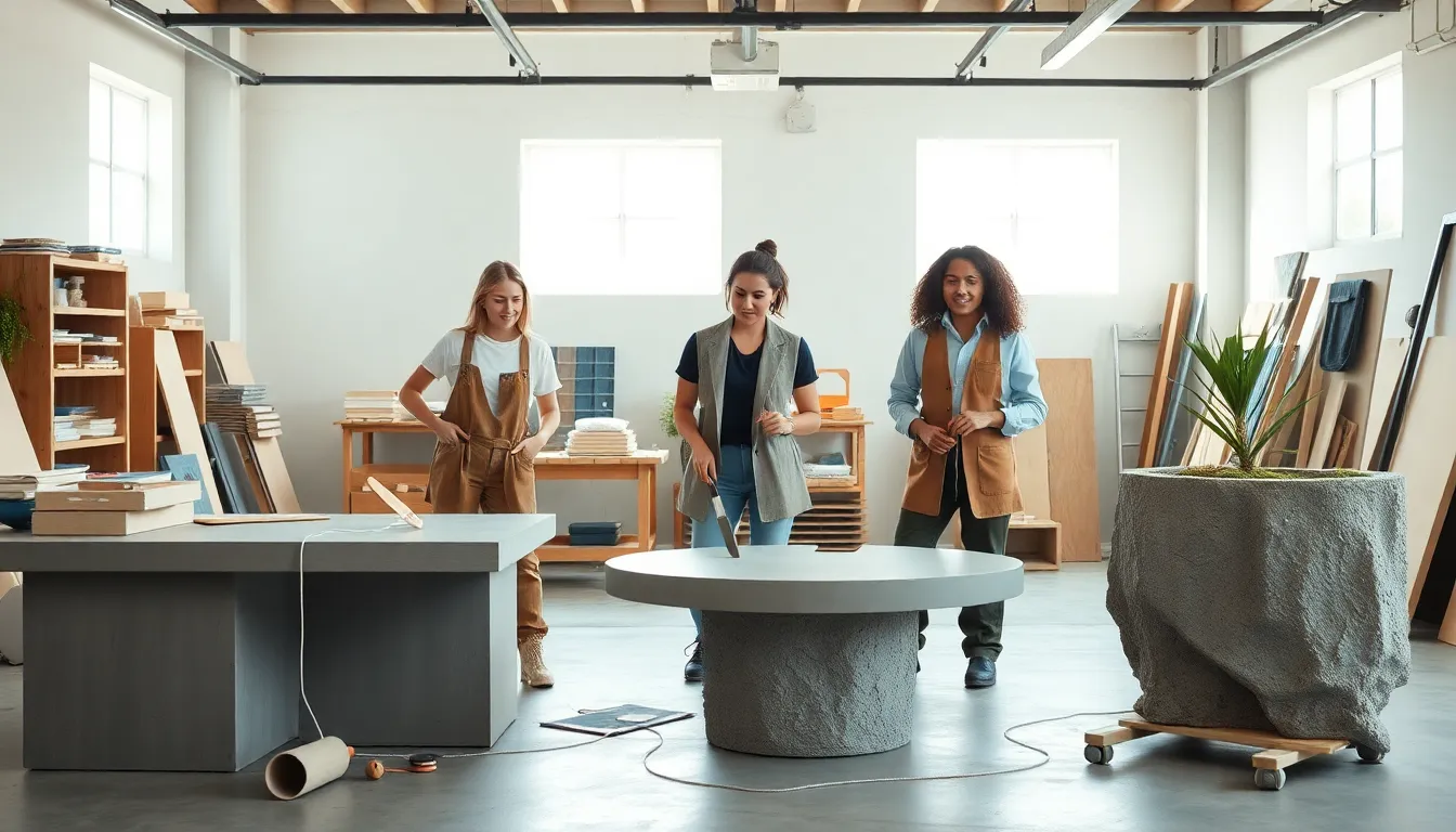 diverse team working on stylish concrete DIY projects in a modern workshop.