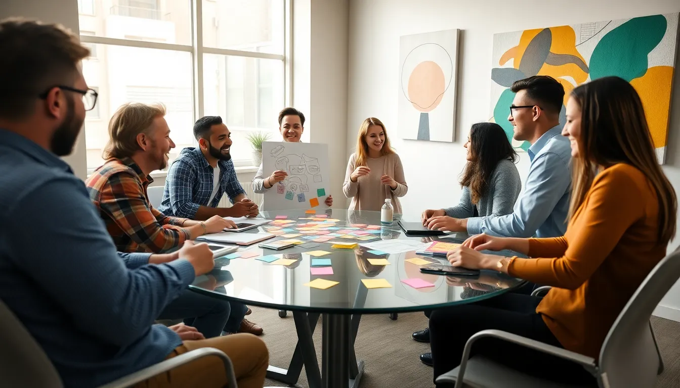 diverse team brainstorming in a modern office.