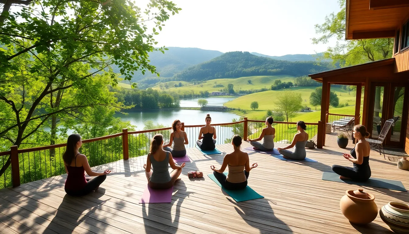 diverse individuals practicing yoga at a serene wellness retreat in Georgia.