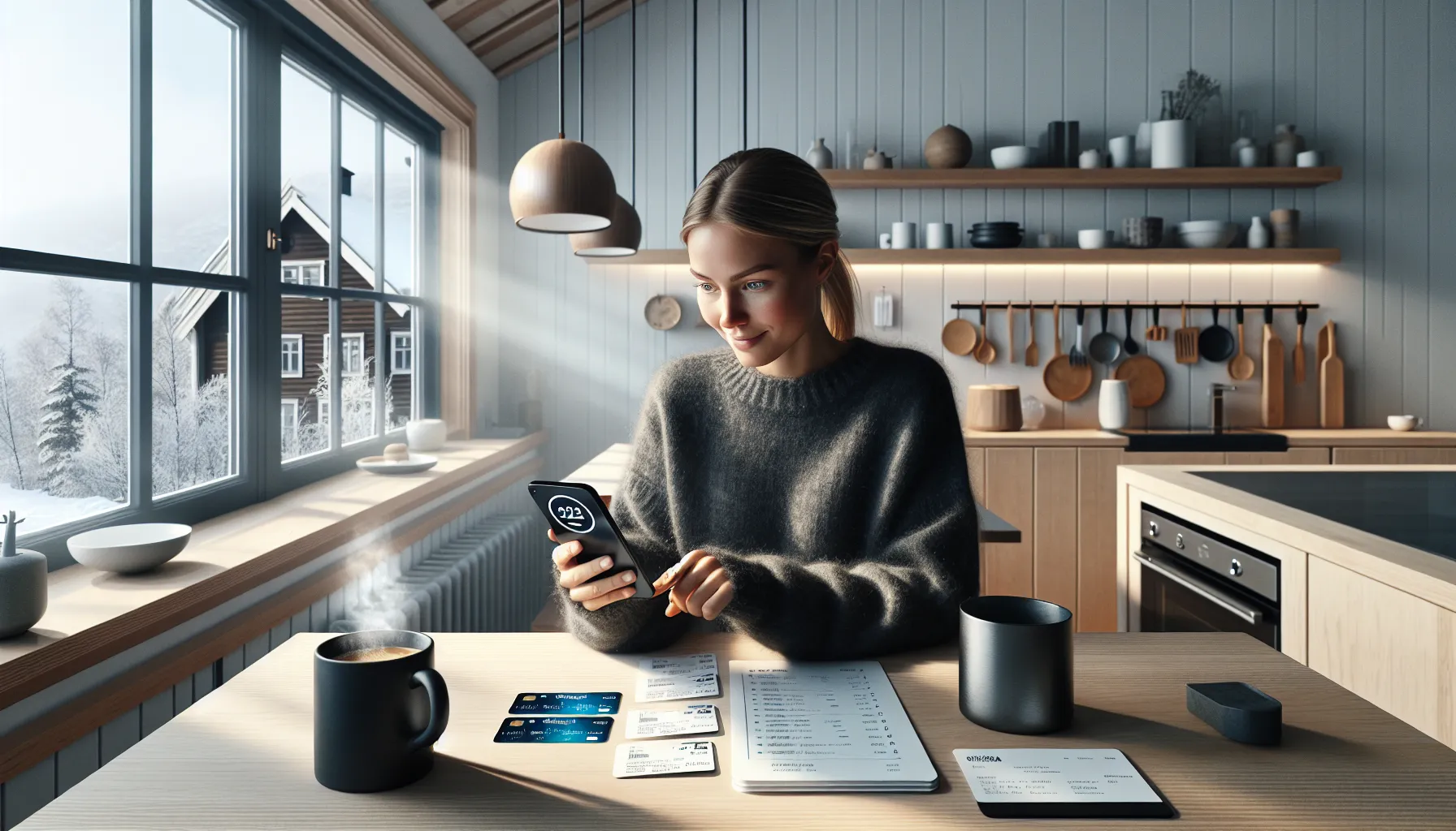 Norwegian woman reviews AI finance app with proactive savings tips at home.