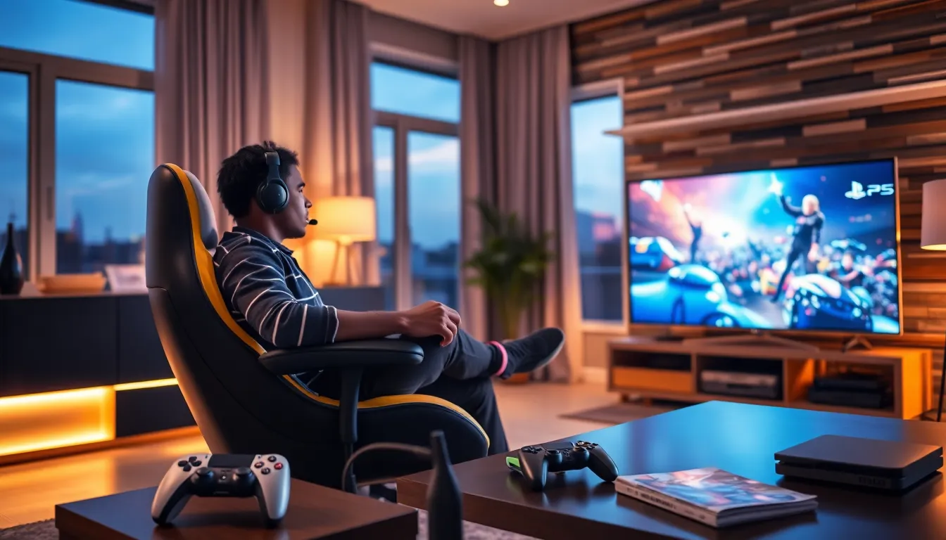 a young gamer with a headset immersed in a PlayStation game setup.