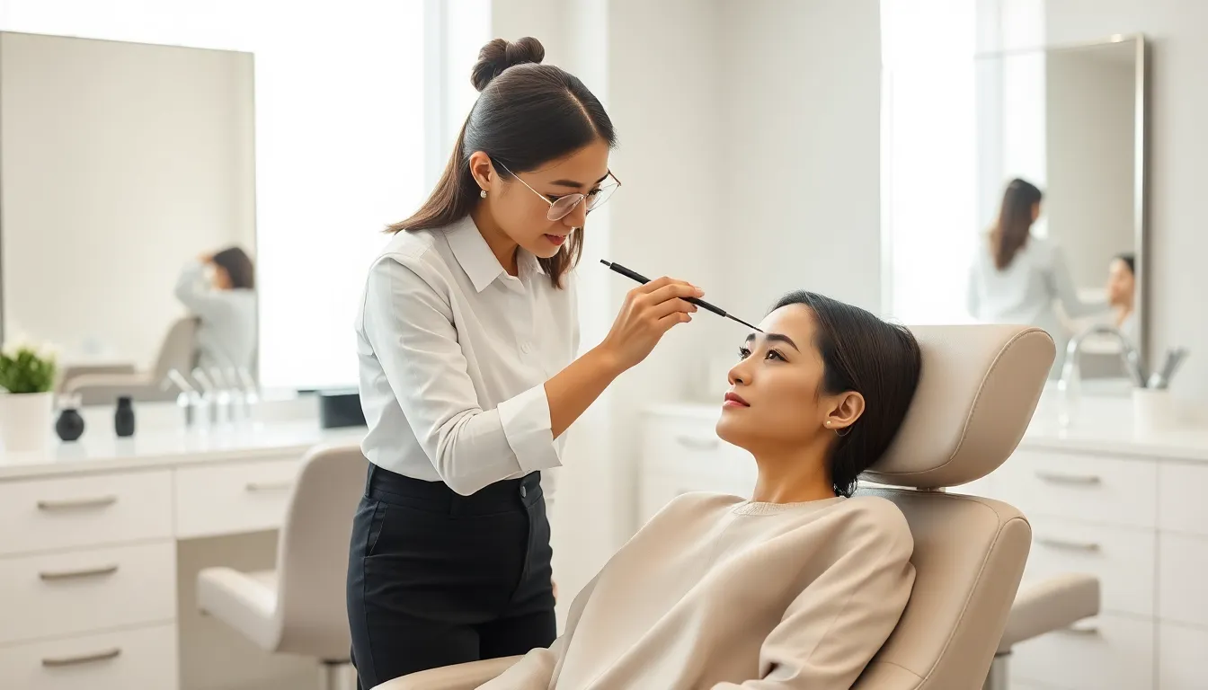 beautician shaping eyebrows in a modern salon.