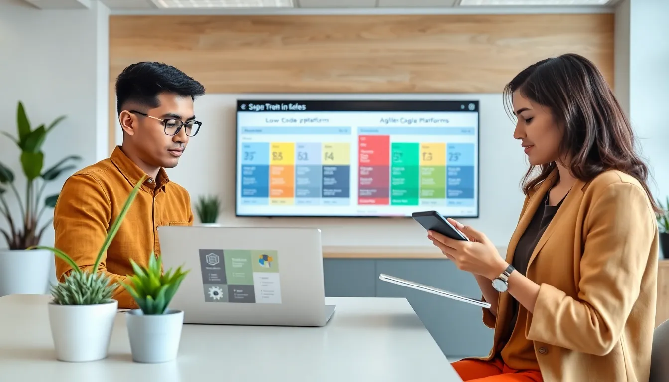 professionals collaborating on low code platforms in a modern office.