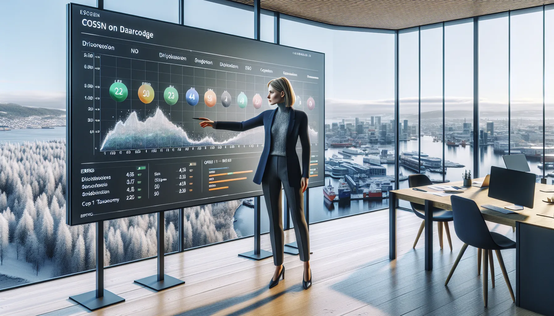 Norwegian sustainability analyst presents esg dashboard linking regulations, data, and investor expectations.