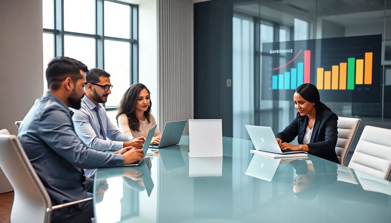 diverse professionals discussing digital governance in a modern office.