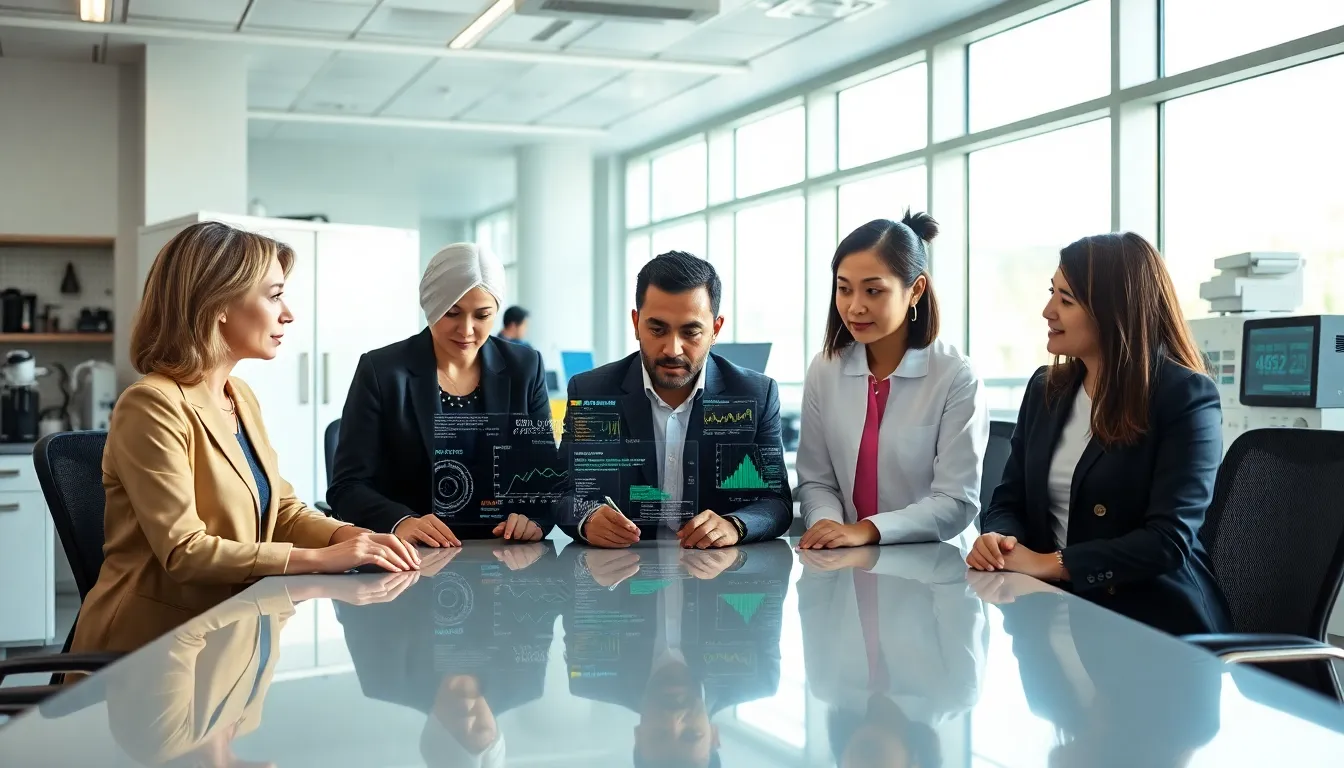 diverse professionals discussing numerical data in a modern lab.