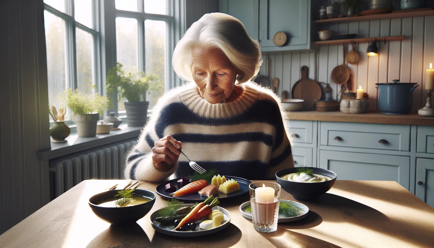 Elderly woman with dementia weighs soft, colorful foods as caregiver gently guides.