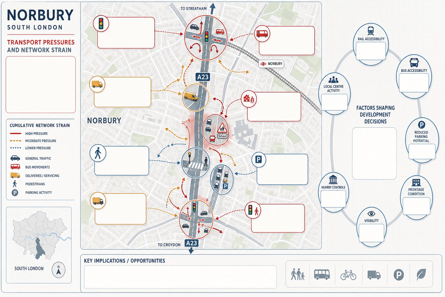 Infographic of Norbury road constraints, A23 corridor, side streets, buses, parking and access issues.
