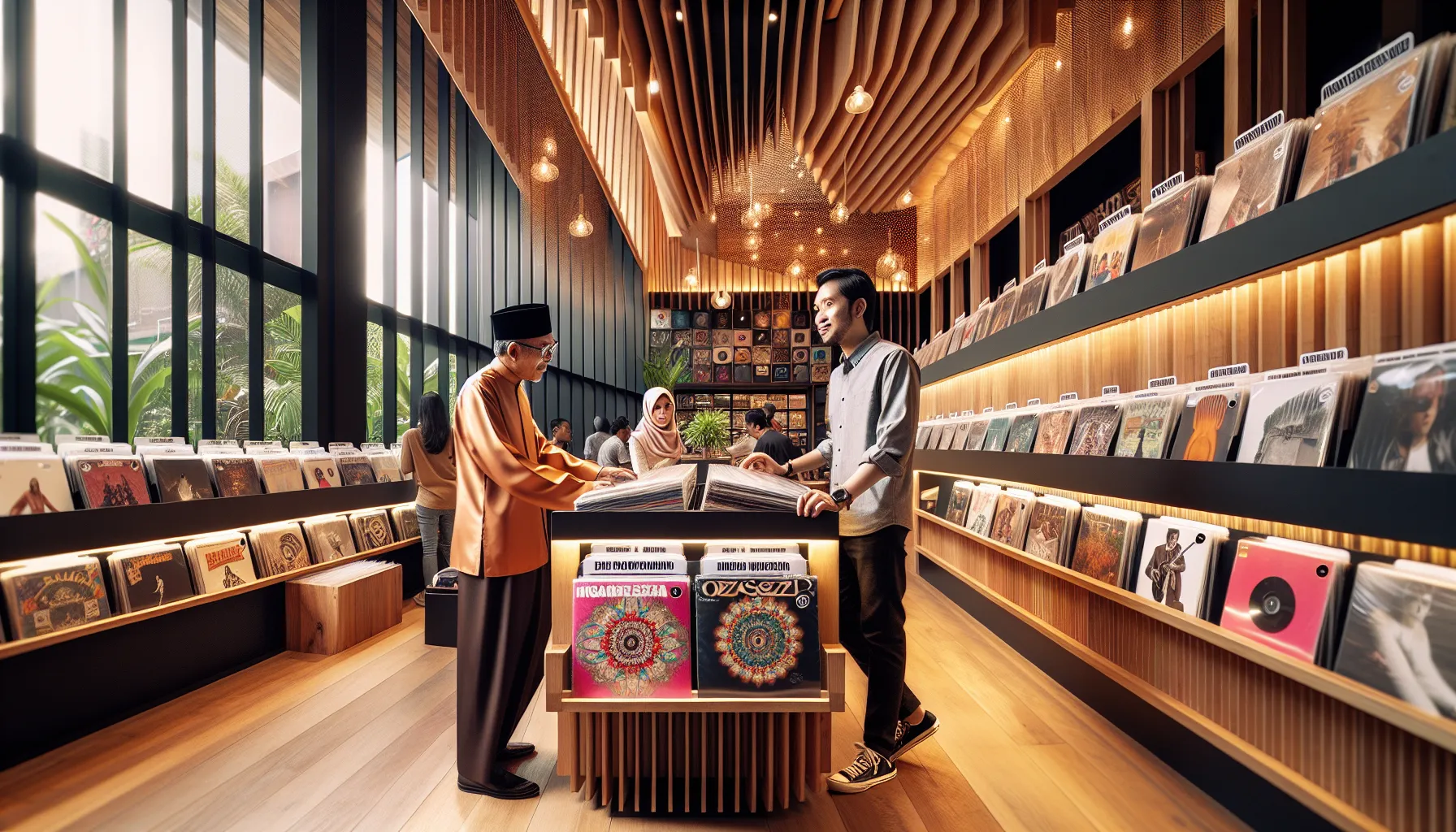 a modern vinyl record store in Jakarta with a customer and attendant.