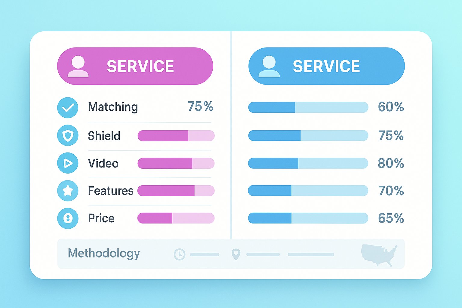 Side-by-side five-criteria comparison chart for two chat services.